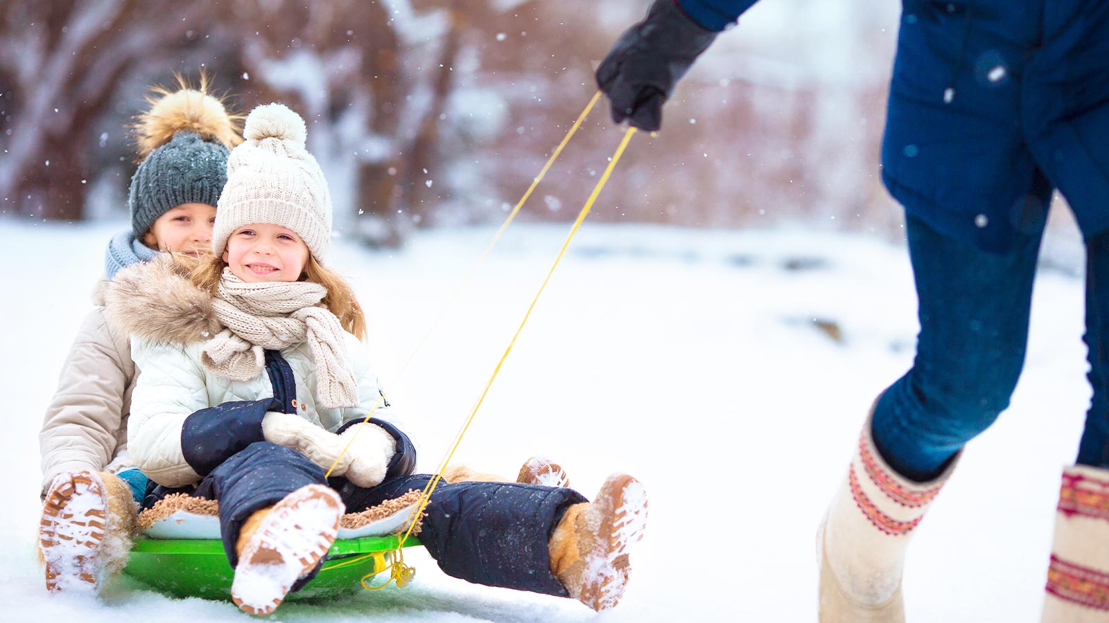 Due bambine sulla slitta in un panorama invernale